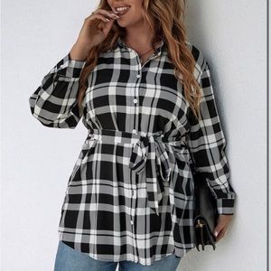 SHEIN LUNE plus plaid print belted blouse